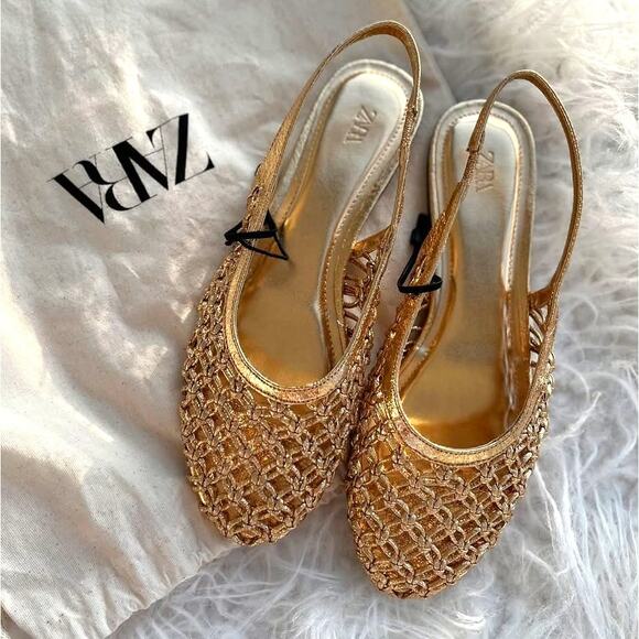 ZARA Metallic Ballet Flats NWT Gold Slingback Size 10 - Picture 7 of 15